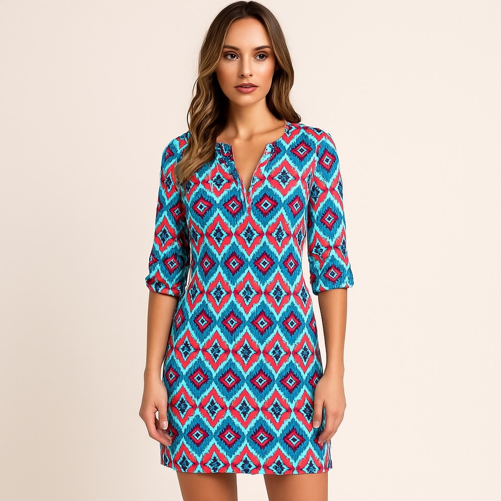 Hatley NWT Lucy mini dress cotton Sunset Ikat V neckline sleeveless blue 3/4 XS